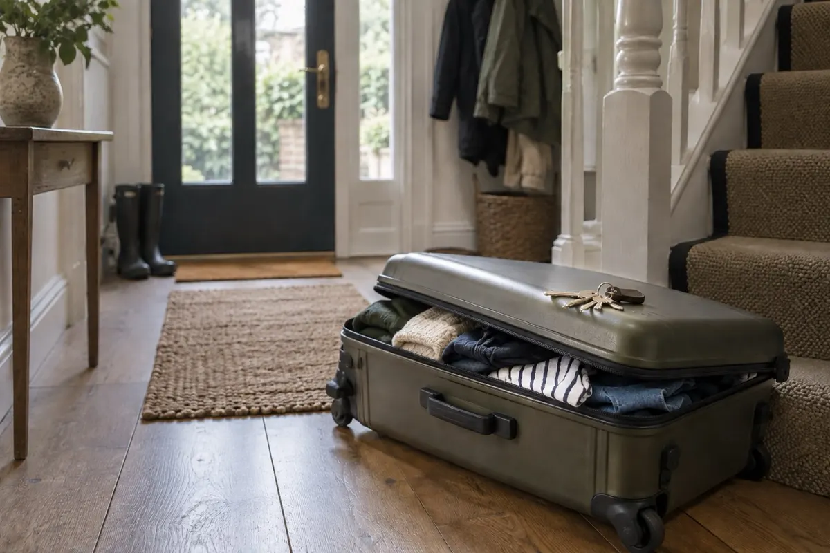 A half-unpacked suitcase on a hallway floor with a set of keys resting on the lid, the front door beyond