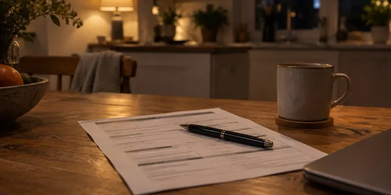 A printed form and a pen on a wooden kitchen table in the evening, a mug and a laptop beside it