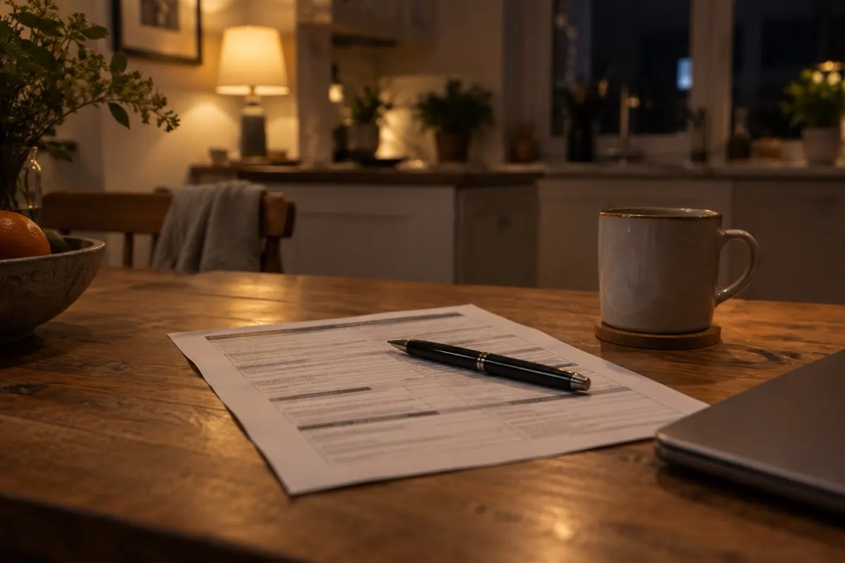 A printed form and a pen on a wooden kitchen table in the evening, a mug and a laptop beside it
