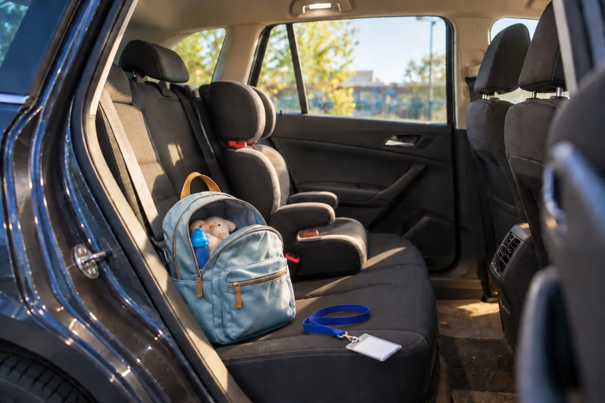 Through the open rear door of a family car on a bright autumn afternoon: a child's booster seat and a small blue backpack on the back seat, with a lanyard and a blank card tossed beside them.