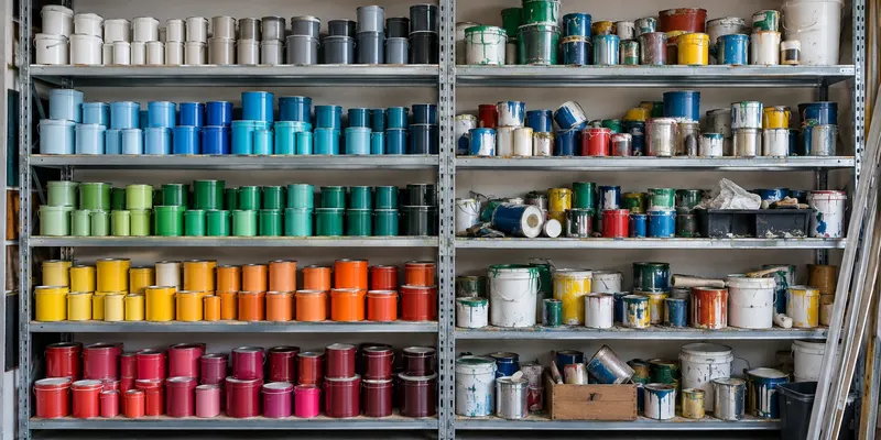 Workshop shelving of paint tins, the left half sorted into neat rows by colour and the right half still jumbled