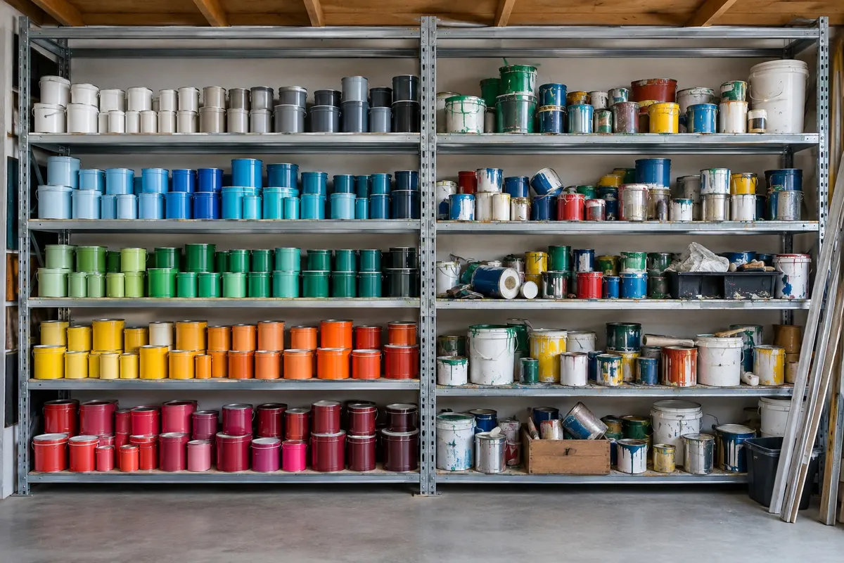 Workshop shelving of paint tins, the left half sorted into neat rows by colour and the right half still jumbled