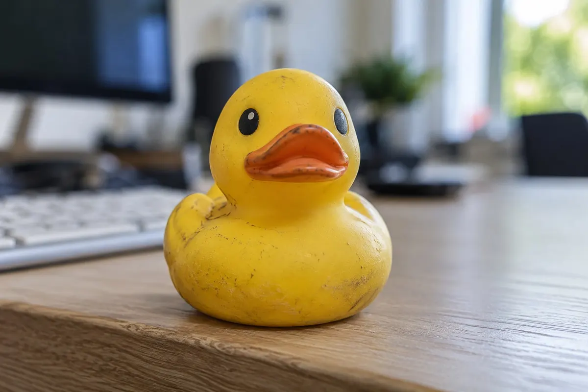 A worn yellow rubber duck close up on the edge of a desk, a keyboard and a bright room softly out of focus behind it