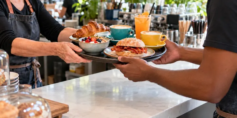 Two pairs of hands at a busy café counter at lunchtime.