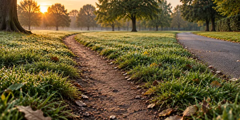 A worn dirt path curving away through dewy grass beside a paved path, low autumn sunrise through the trees