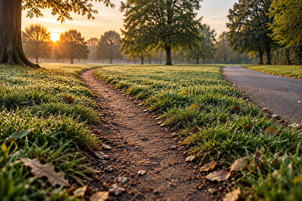 A worn dirt path curving away through dewy grass beside a paved path, low autumn sunrise through the trees